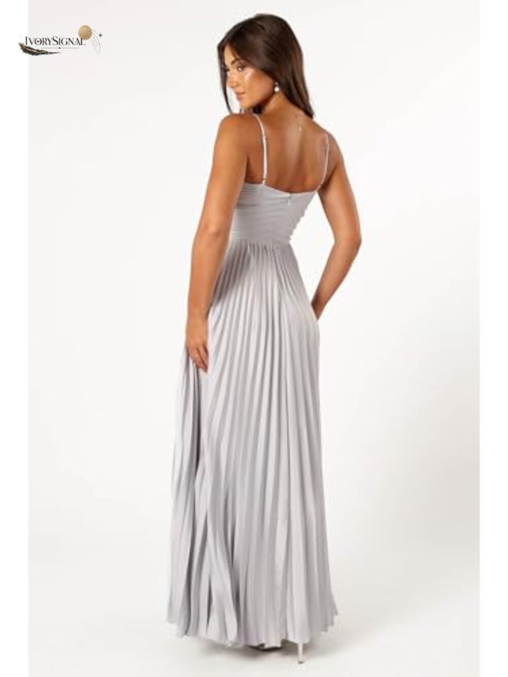 Pleated Satin Maxi Dress V-Neck Formal A-Line Sleeveless